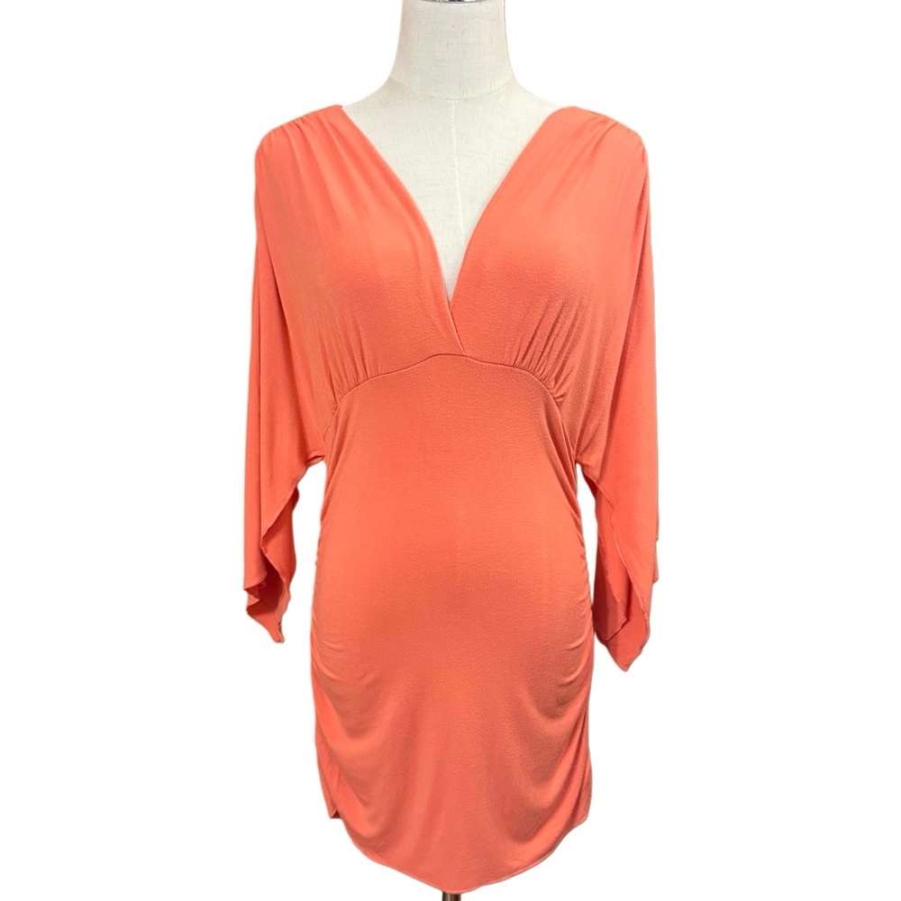Boston Proper Deep V-Neck Coral Cape Sleeve Ruched Tunic Size M